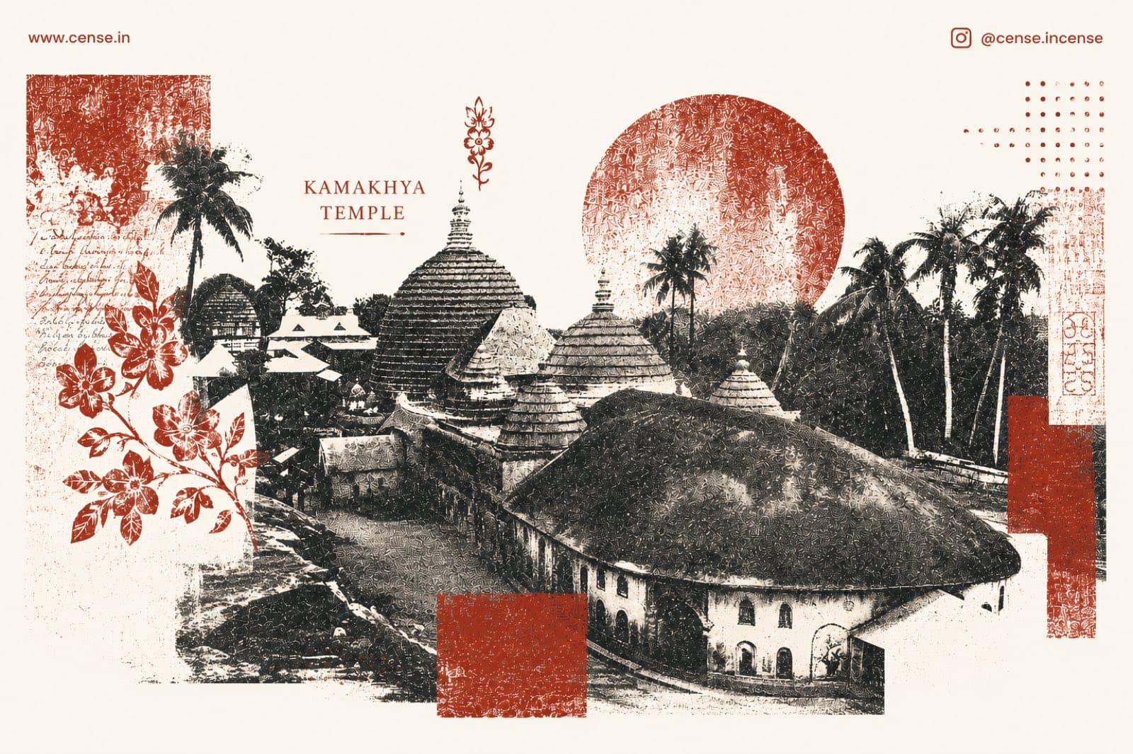 Illustrated collage of the Kamakhya Temple on Nilachala Hill, with palm trees, temple domes and floral motifs