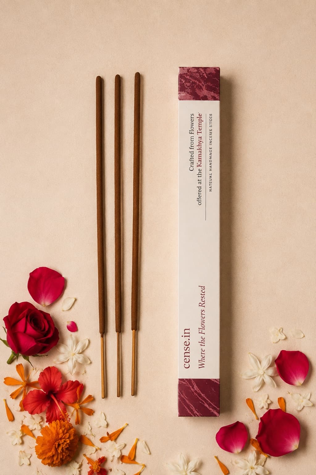 Where the Flowers Rested incense box and sticks on a bed of rose, hibiscus, marigold and jasmine petals